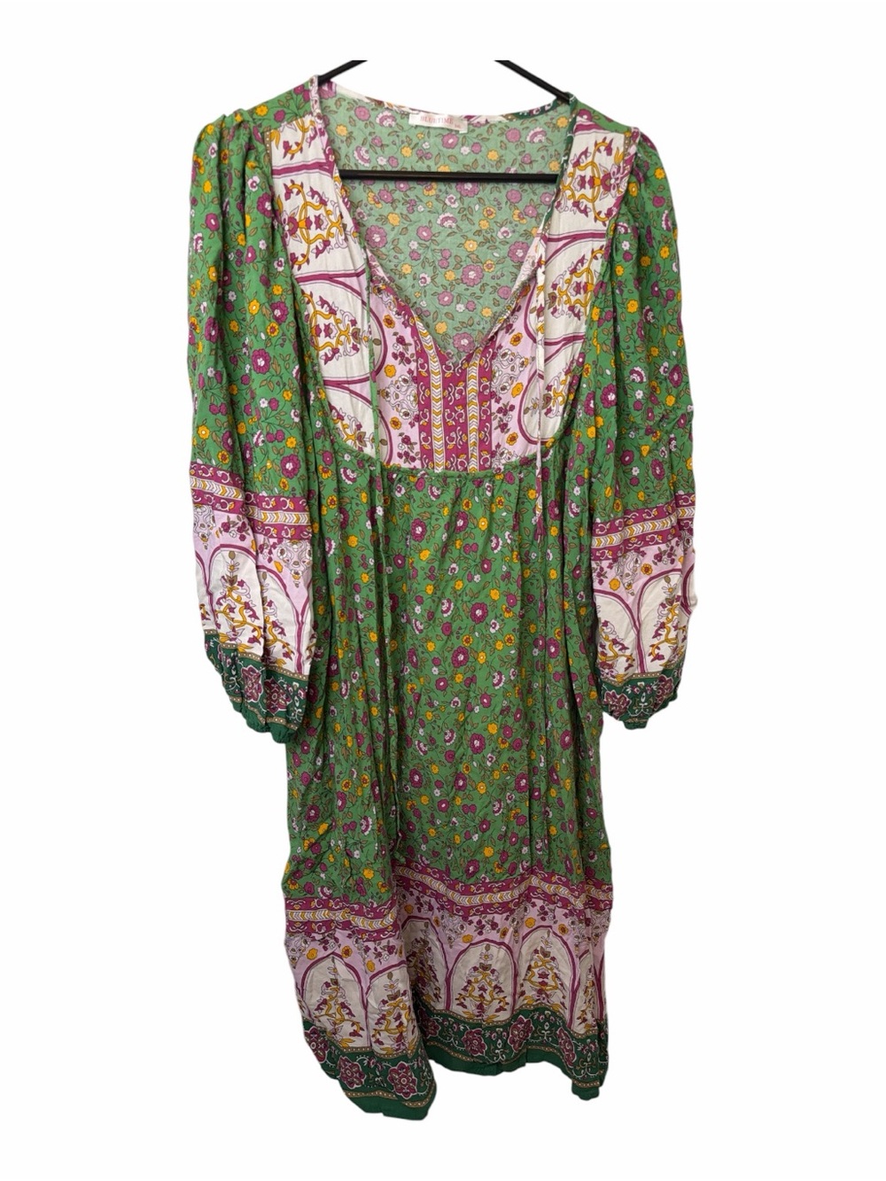 Bluetime Bohemian Green Floral V-Neck Midi Dress